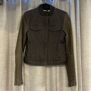 Alexander Wang Bomber Leather Sleeve Jacket Green and Olive